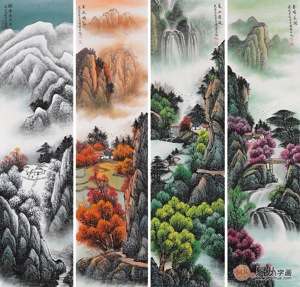 刘燕姣新品国画四条屏山水画作品《春夏秋冬》