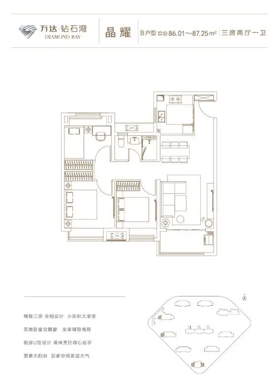 2 所推产品共6种户型 户型涵盖约76-109㎡2-3房 万达钻石湾所推户型