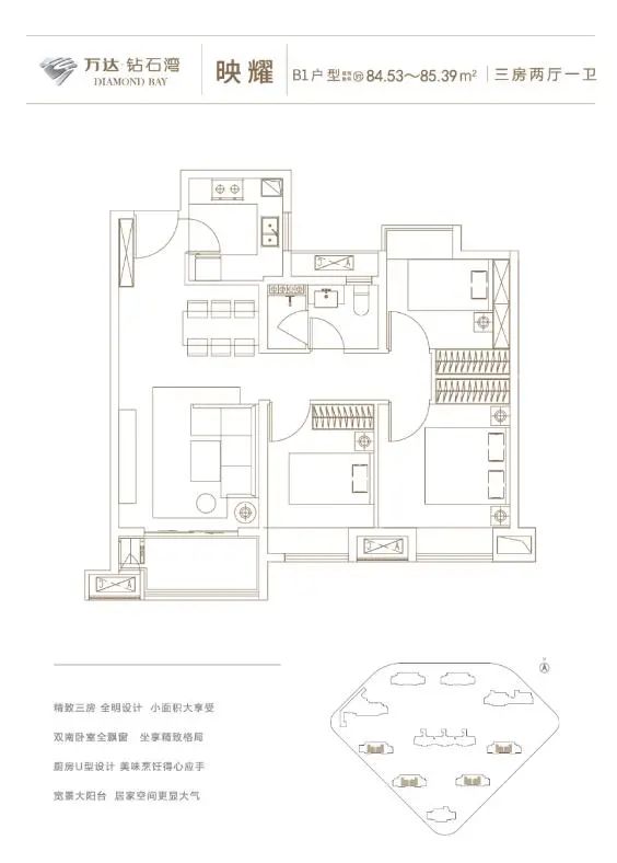 所推产品共6种户型 户型涵盖约76-109㎡2-3房 万达钻石湾所推户型包括