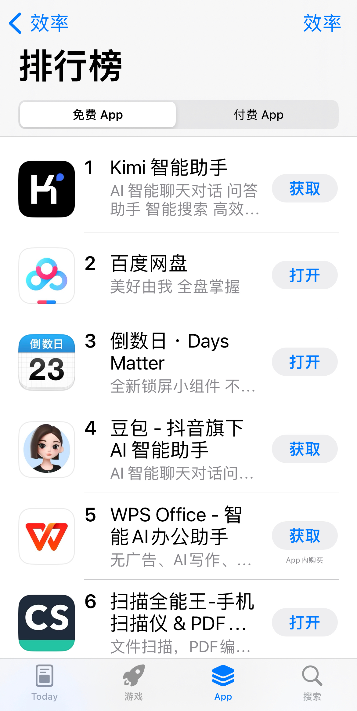 iOS商店效率类应用免费榜