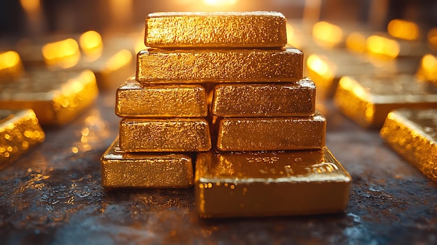 A stack of gold bars shining in the sunlight symbolizing wealth ...