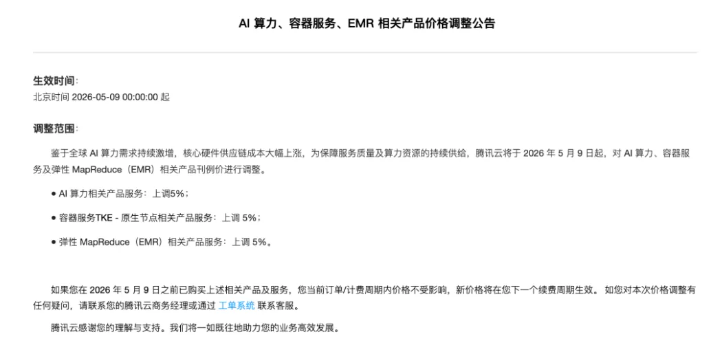 腾讯云5月9日起涨价!AI算力、容器服务、EMR三大产品线集体上调5%(图1) 腾讯云5月9日起涨价!AI算力、容器服务、EMR三大产品线集体上调5%(图1)