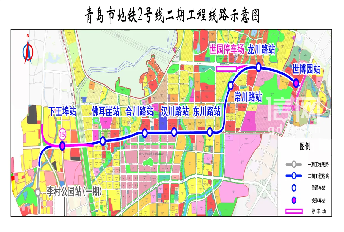 青岛市地铁2号线二期工程线路示意图。（来源：青岛市住房和城乡建设局）