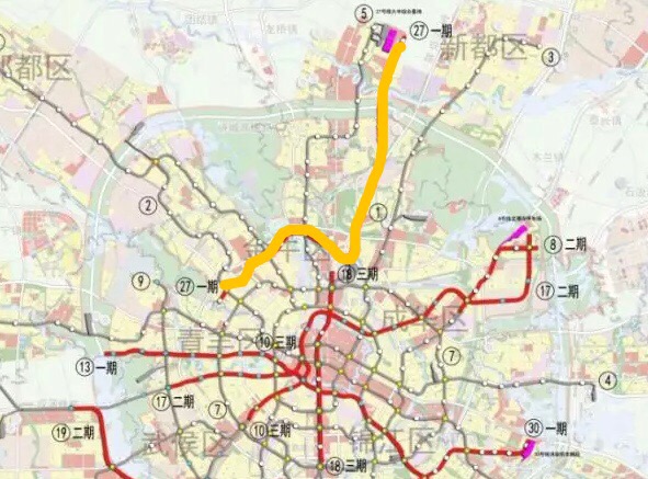 黄线部分为27号线一期规划建设示意图27号线一期根据规划在韦家碾设