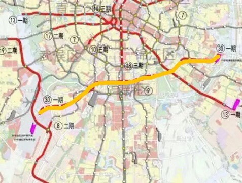 黄线部分为30号线一期规划建设示意图