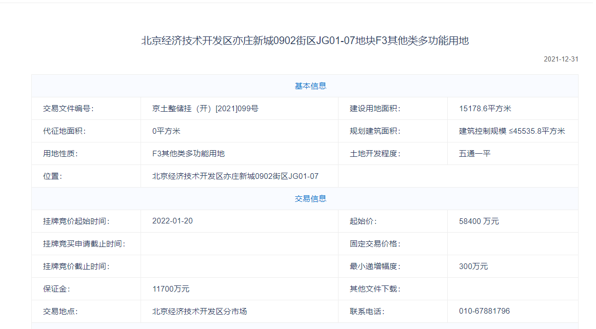北京挂牌1宗其他类多功能用地 起始价5.84亿元_中国网地产