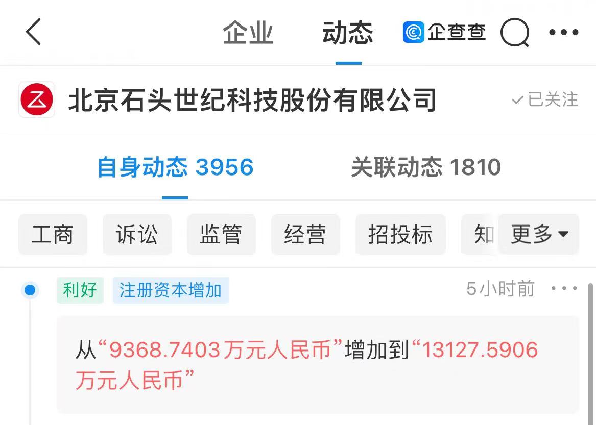 石头科技注册资本从936874万元增至13亿元，增幅40中金在线财经号 3988