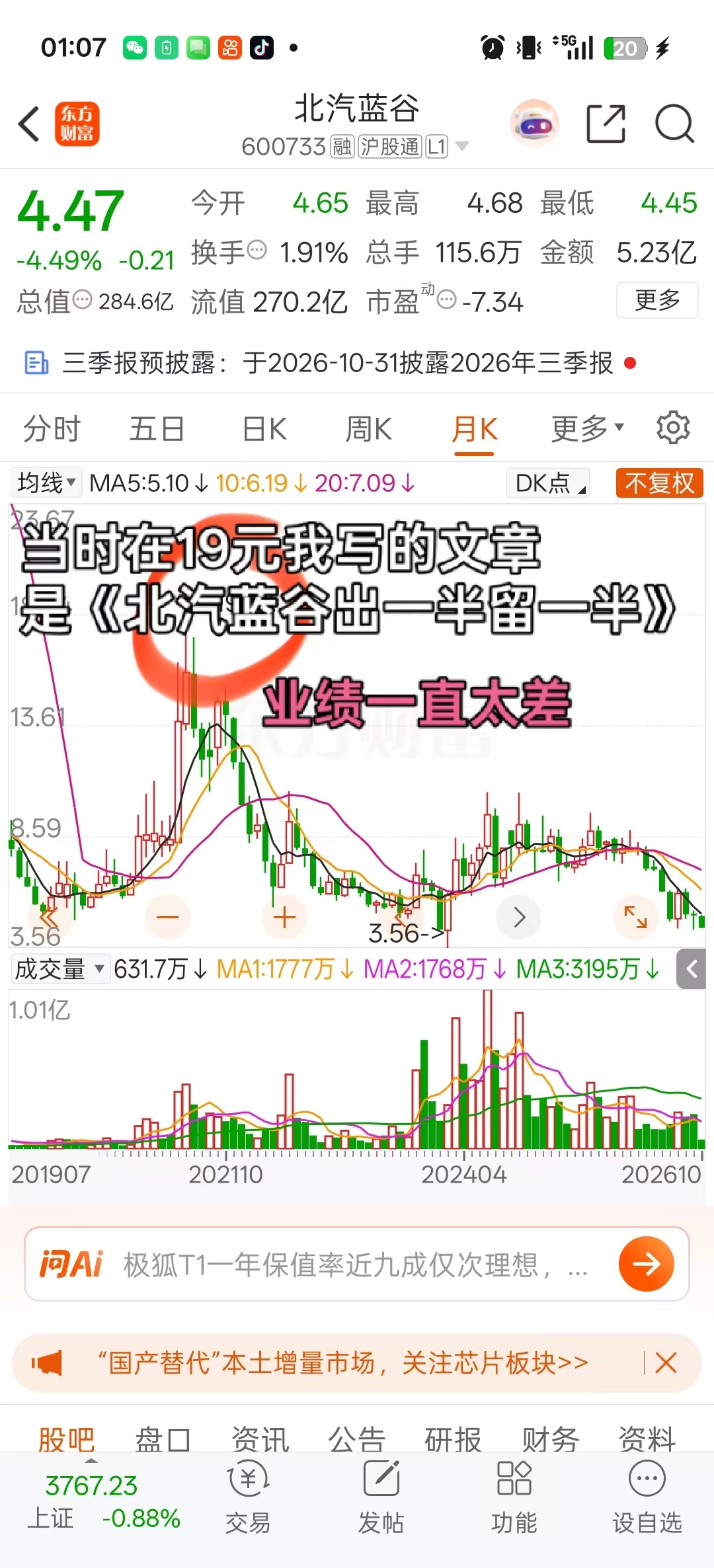 金甲谢军：北汽蓝谷在4元上方清仓！充分说明出一半留一半策略