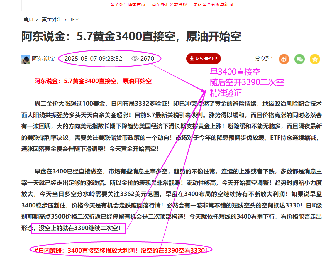 阿东说金：黄金3400空数钱，全网最高连胜_中金在线财经号
