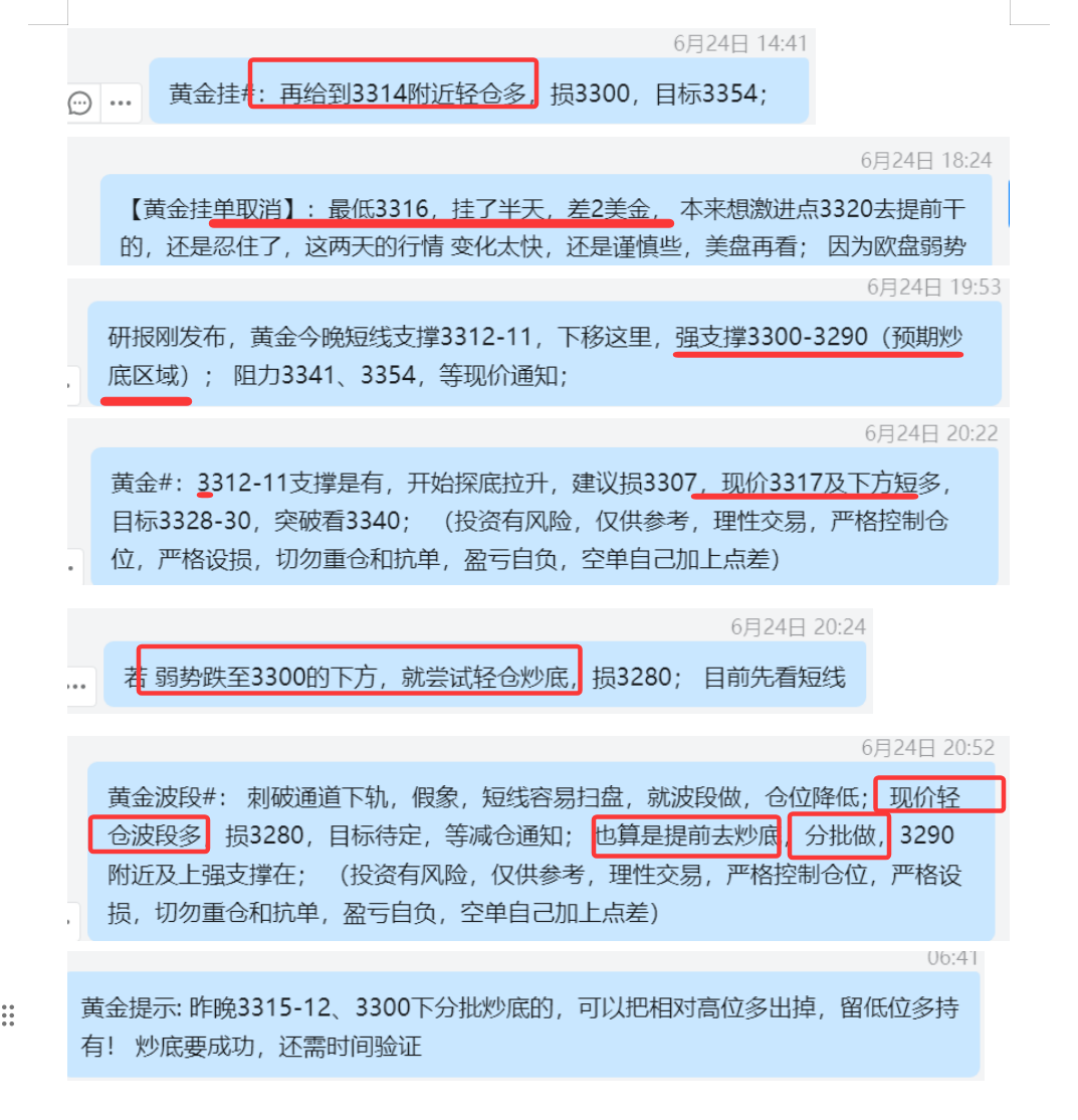 6.24 黄金 午后计划3314多，差2美金，结果拉升10美金上； 晚间3317多，损3307； 3315、3300分批抄底，高位3322盈利出，低位波段持有.png