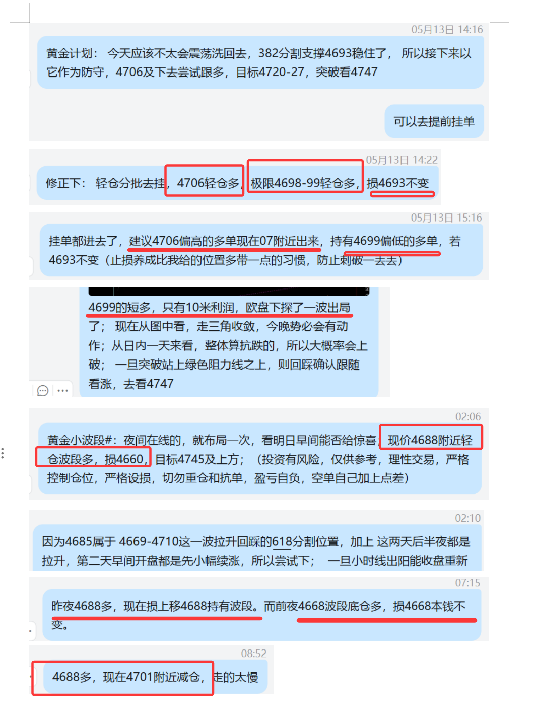 5.13 黄金 4706多，保本出，4799多，10没未出，最终破4793止损； 4688波段多，4701盈利，底仓打本钱保护； 周初4668波段底仓多，继续持有；.png