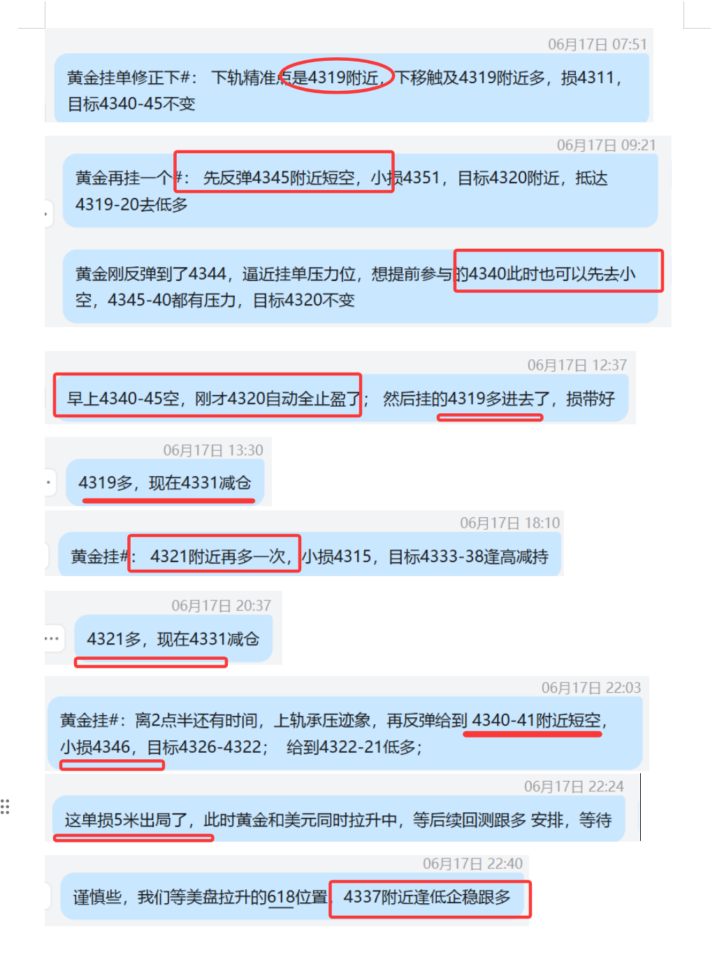 1781786046897623.png 6.17 黄金 4319多,4331盈利; 4340空,4320全盈利; 4321多,4331盈利; 4341空,损4346; 4337提示反手看涨,思路对,没执行,最高拉升4382;.png