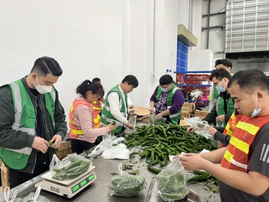 多多买菜的粤中仓内,拼多多助农项目组工作人员正在整理采购的吴川