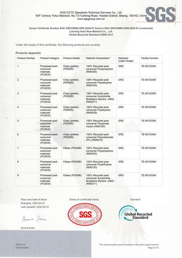 grs认证近日,化塑汇旗下再生塑料交易服务平台辽宁塑来新材料有限公司