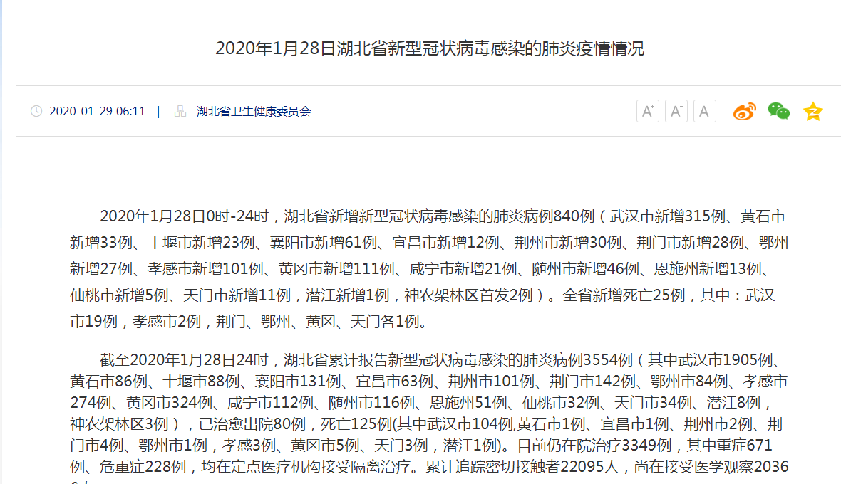 湖北新增新型肺炎病例840例累计确诊增至3554例