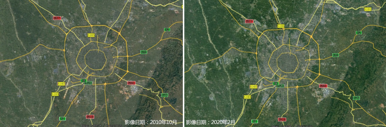 (2010年和2020年成都卫星影像对比;建议下载谷歌地图观看更直观)