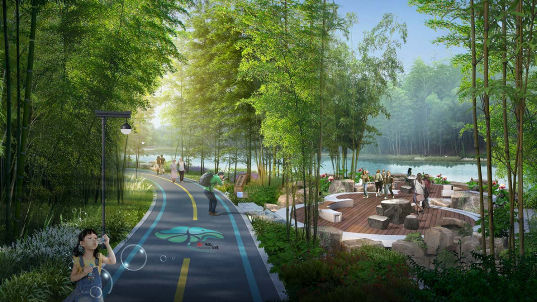 绿道主线以大堤公路连通,辅线增加部分景观游步道及节点空间