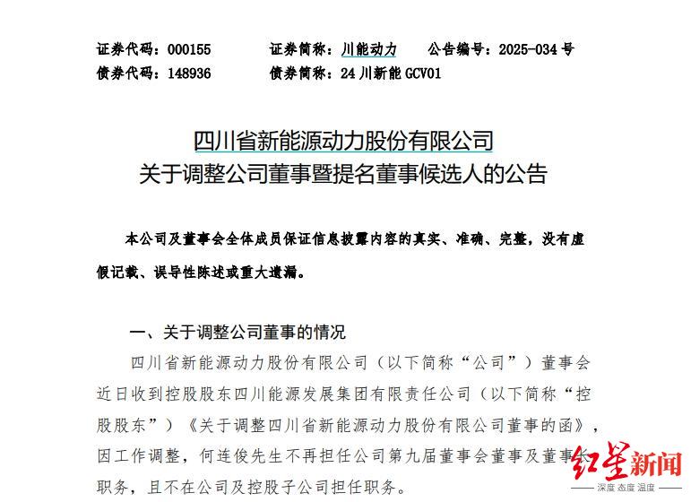 何连俊不再担任川能动力董事长，张忠武被提名为董事会成员候选人 _中金在线财经号